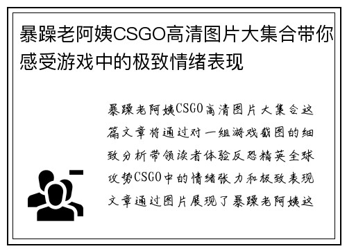 暴躁老阿姨CSGO高清图片大集合带你感受游戏中的极致情绪表现